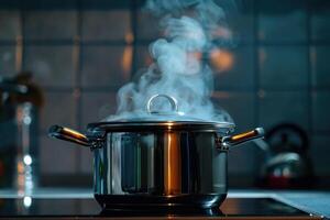 Steaming pot on a modern kitchen stove, showcasing culinary activity in the evening photo