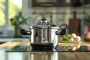 A shiny stainless steel pot sits on a modern kitchen countertop with fresh vegetables in the background and sunlight streaming through the window photo