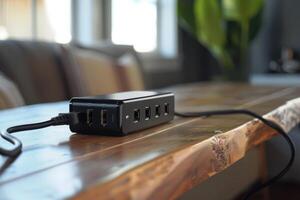 Black USB hub connected to a wooden table in a cozy living space with natural light photo