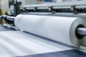 Printing press in operation with large roll of blank paper during commercial production photo