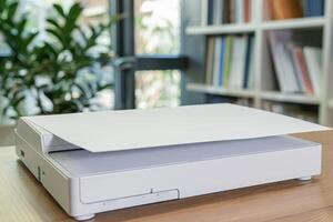 White scanner with blank paper on a wooden desk in a bright office space photo