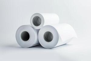 Rolls of white paper stacked on a light surface in a minimalist setting photo