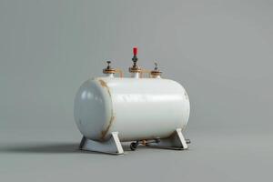 White propane tank with three valves positioned on a gray surface, showcasing industrial design and functionality photo