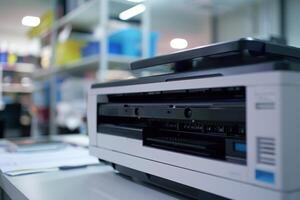 Close-up of a modern all-in-one printer in a bright office space during the workday photo