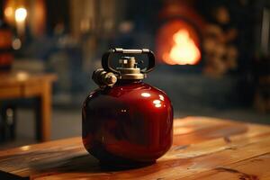 Red gas canister on a wooden table with a warm fire background in a cozy setting photo