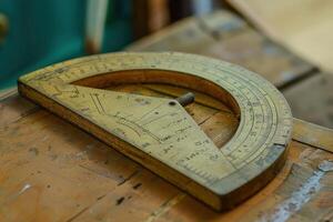 Antique wooden protractor displayed on a rustic wooden table in a workshop setting photo