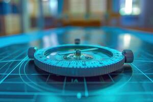 Close-up of a compass laying on a blueprint in a well-lit workspace photo