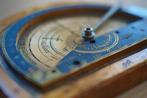 Antique barometer with brass and wooden frame displayed on a wooden surface in soft natural light photo