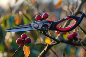 Garden pruning shears resting on a branch with red berries in a late afternoon setting photo