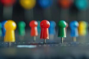 Colorful push pins arranged on a black board in a creative workspace photo