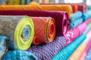Colorful rolls of fabric neatly stacked in a textile shop on a sunny afternoon photo