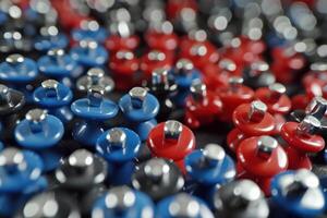 Colorful collection of push pins on a surface in a classroom setting photo
