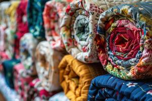 Colorful rolled quilts displayed in a market stall, showcasing various patterns and textures photo