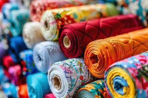 Colorful rolls of fabric stacked neatly in a textile shop showcasing various patterns and textures photo
