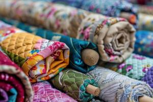 Rolled handmade quilts displayed at a craft market in the afternoon sunlight, showcasing vibrant fabrics and intricate patterns photo