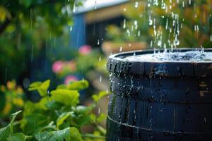 Rain falling into a black barrel surrounded by greenery and colorful flowers in a garden during the afternoon photo
