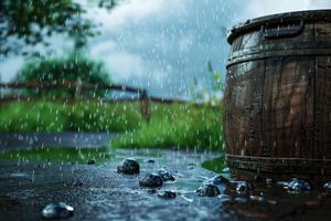 Rain falling on a wooden barrel surrounded by stones in a lush outdoor setting on a cloudy day photo