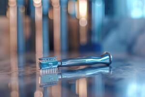 A close-up of a modern safety razor on a marble surface in a well-lit grooming space photo