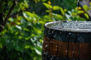 Rainwater collecting in a wooden barrel surrounded by lush greenery in a serene garden during a summer afternoon photo