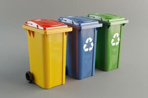 Colorful recycling bins lined up for waste separation in a clean environment photo