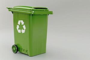 Green recycling bin with a logo on a gray background photo