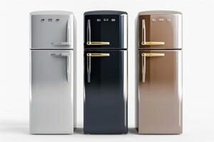 Vintage-style refrigerators displayed in a modern kitchen setting highlighting unique colors and finishes photo