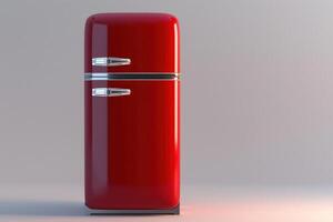 Bright red retro refrigerator standing against a plain background, showcasing its vibrant color and classic design photo