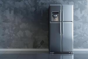 Modern stainless steel refrigerator in a minimalist kitchen setting with gray walls and tiled floor during daylight photo