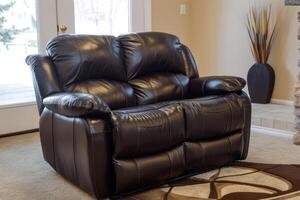 Cozy black leather loveseat in a modern living room with natural light streaming through the large windows photo