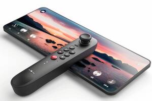 A sleek remote control resting beside a modern smartphone displaying a vibrant sunset over a rocky beach photo