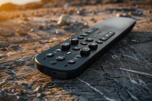 Remote control resting on a rocky surface during sunset photo
