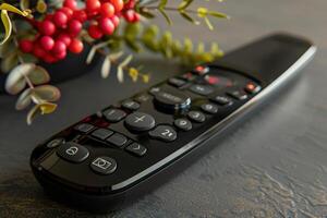 A close-up view of a remote control resting beside a decorative plant on a dark tabletop photo