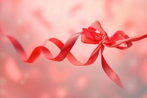 Red ribbon tied in a bow, elegantly floating against a soft pink background with scattered petals photo