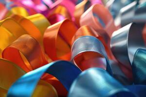 Colorful satin ribbons in various shades arranged together, creating a vibrant display in natural light photo