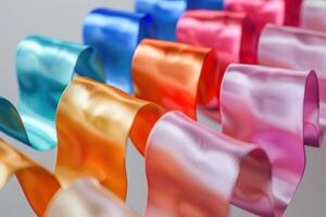 Colorful satin ribbons arranged in a decorative display for crafting on a neutral background photo