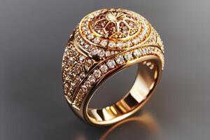 Elegant golden ring adorned with intricate jewels set against a dark background photo