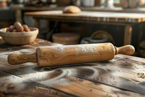 Wooden rolling pin resting on a floured wooden table in a cozy bakery setting during daylight photo