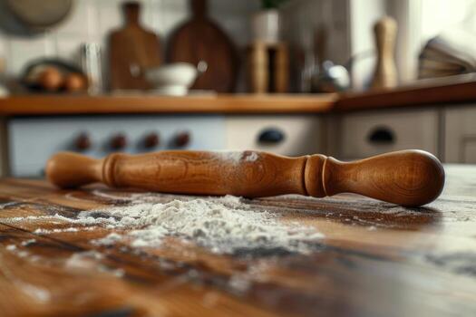 Rolling pin on a wooden countertop surrounded by flour in a cozy kitchen setting photo