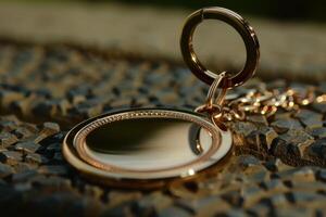 A close-up view of a gold pendant mirror resting on a textured stone surface during daylight photo
