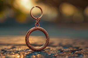 Hanging copper hoop earring on a textured surface during sunset photo