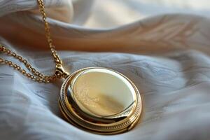 Gold pocket watch resting on a soft, elegant fabric background in warm lighting photo