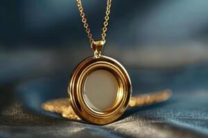 Elegant gold pendant necklace resting on soft fabric photo