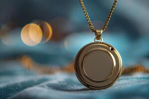 Close-up of a gold locket with an elegant chain resting on a soft blue surface illuminated by warm light photo