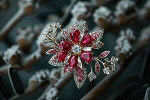 Stunning floral brooch adorned with rubies and diamonds displayed on a dark background photo