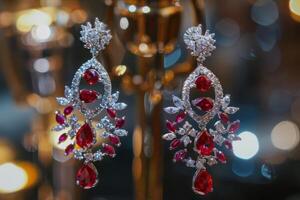 Elegant red and diamond earrings displayed in a jewelry showcase with sparkling lights in the background photo