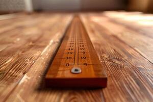 Wooden ruler placed on a polished wooden floor in a well-lit interior during the day photo
