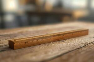 A wooden ruler rests on a rustic wooden table in a softly lit workspace photo