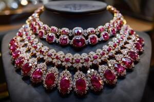 Luxurious ruby and diamond necklaces displayed elegantly in a jewelry store showcase photo