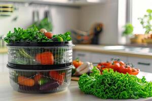 Fresh vegetables arranged in clear containers on a kitchen countertop photo