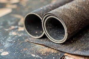Roll of dark rubber matting with dust on a wooden surface in a workshop photo